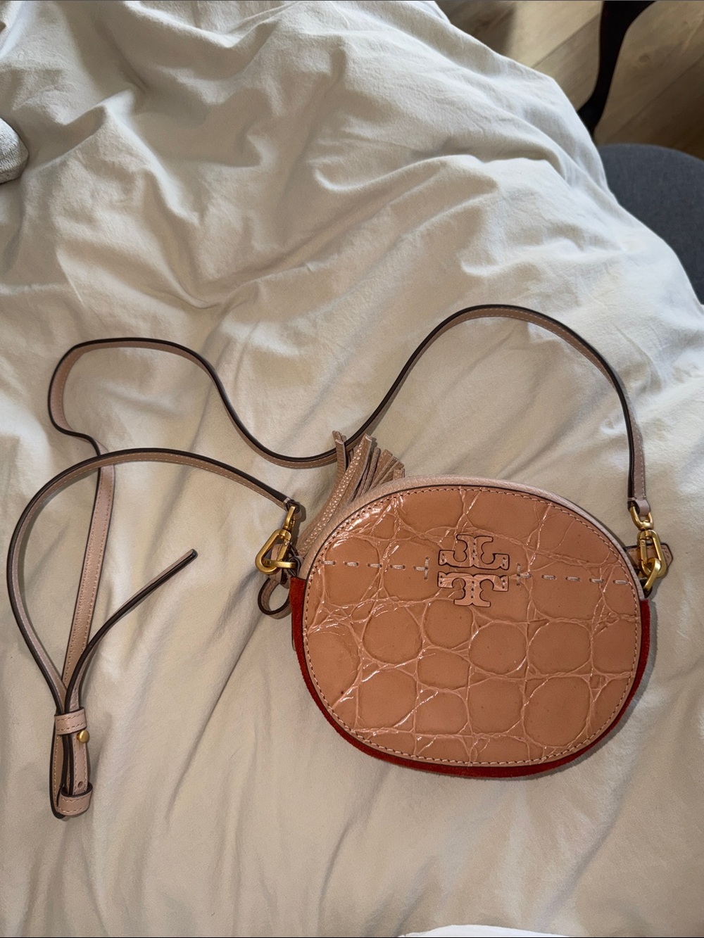 Tory Burch Blush Pink Croc-Embossed Round Crossbody with Red Trim
